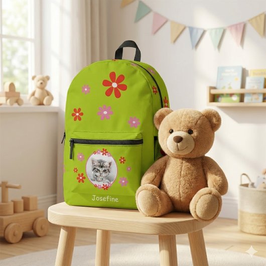 Kinderrucksack grün mit Foto - Blumen - rosa rot  プリントバックパック