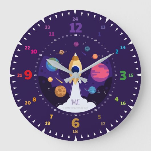 Kinderuhr Lernuhr Wanduhr Kinderzimmer Rakete ラージ壁時計 (正面)