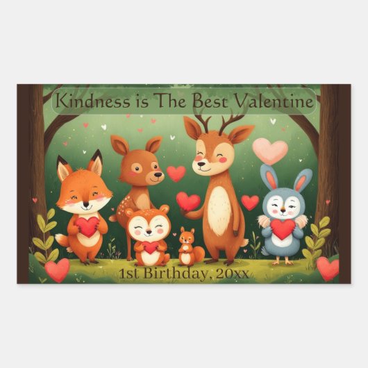 Kindness Best Valentine Woodland Animals Birthday  長方形シール (正面)