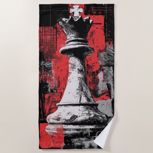 King Chess Piece Art – Red Black Grunge Design ビーチタオル (正面)