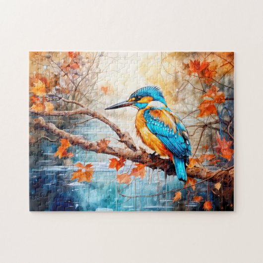Kingfisher above pond in painterly style ジグソーパズル (横)