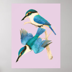 Kingfisher Birds Pink Watercolor ポスター