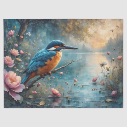Kingfisher perched over water pink flowers 薄葉紙 (正面)
