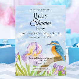 Kingfisher with Purple Irises Baby Shower 招待状