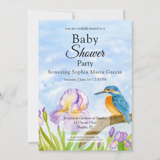  Kingfisher with Purple Irises Baby Shower 招待状 (正面)