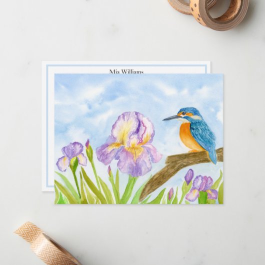 Kingfisher with Purple Irises Personalized ノートカード (正面/裏面インサイチュ)