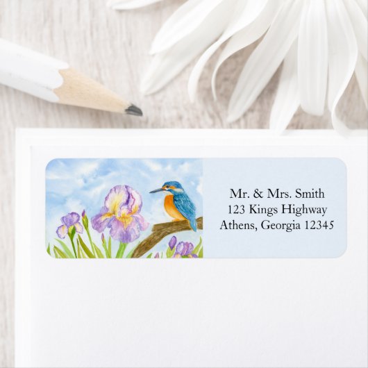  Kingfisher with Purple Irises Return Address  ラベル (インサイチュ)