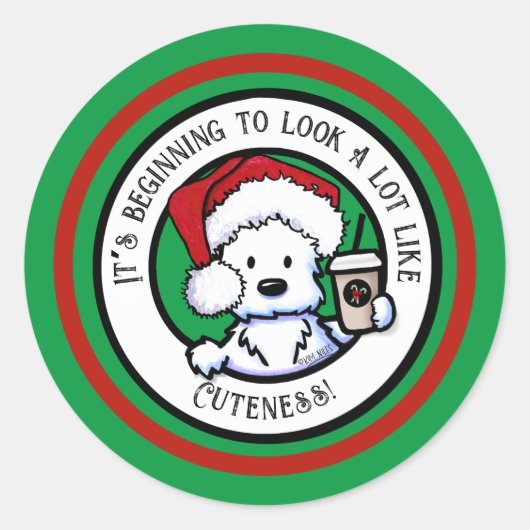 KiniArt Westieクリスマスコーヒスティッカー ラウンドシール (正面)