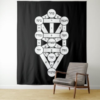 Kircher Tree of Life in Hebrew on Black タペストリー