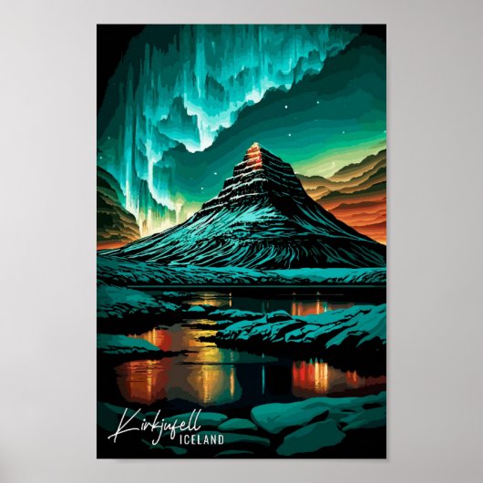 Kirkjufell Iceland Art Vintage Travel Illustration ポスター (正面)
