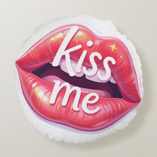 Kiss Me Glossy Red Lips Art Illustration ラウンドクッション (裏面)
