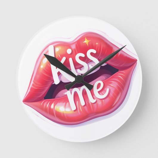 Kiss Me Glossy Red Lips Art Illustration ラウンド壁時計 (正面)