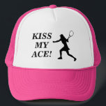 Kiss My Ace! funny pink tennis hat for women キャップ<br><div class="desc">Kiss My Ace! funny pink tennis hat for women. Custom sports cap with humorous quote for tennis player. Female silhouette with racket.</div>