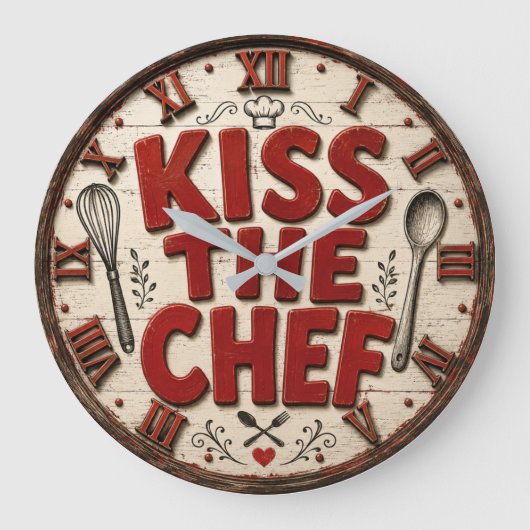Kiss the Chef Rustic Farmhouse Kitchen ラージ壁時計 (正面)