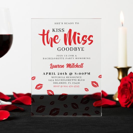 Kiss the Miss Goodbye Red Lip Bachelorette Party アクリル招待状