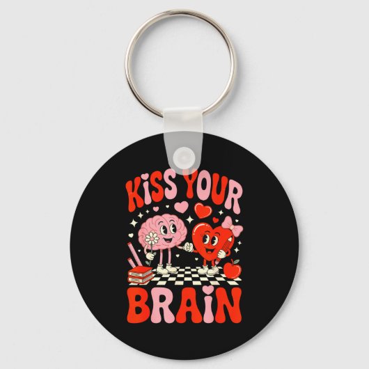 Kiss Your Brain Women Valentine's Day Retro School キーホルダー (正面)