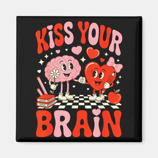 Kiss Your Brain Women Valentine's Day Retro School マグネット (正面)