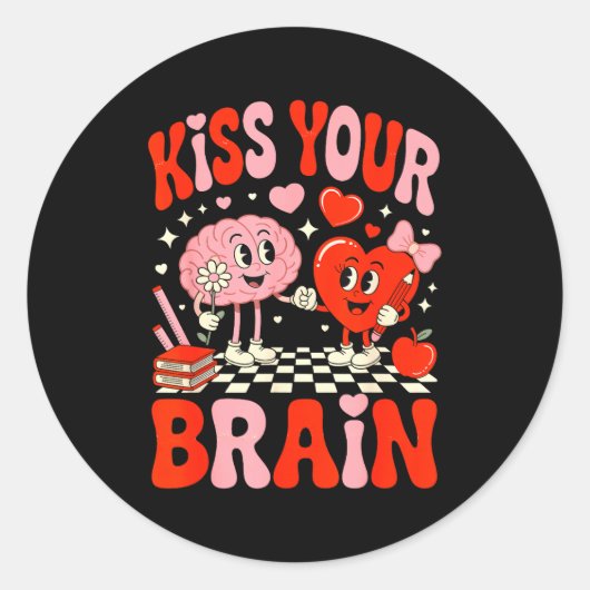Kiss Your Brain Women Valentine's Day Retro School ラウンドシール (正面)