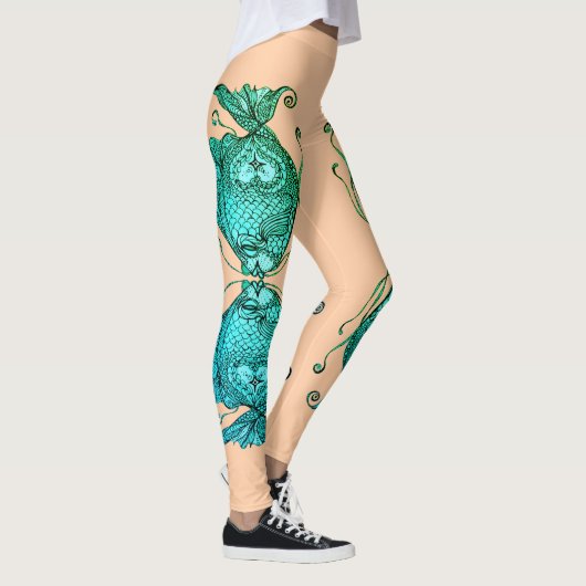 Kissing Fish Art Peach Teal Leggings レギンス (右)