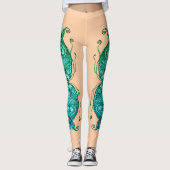 Kissing Fish Art Peach Teal Leggings レギンス (正面)