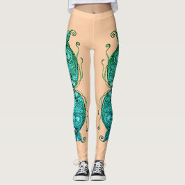 Kissing Fish Art Peach Teal Leggings レギンス