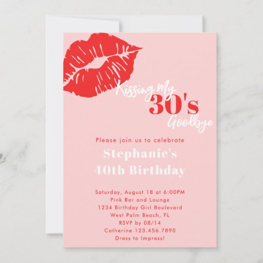 Kissing my 30s Goodbye Pink & Red 40th Birthday 招待状 (正面)