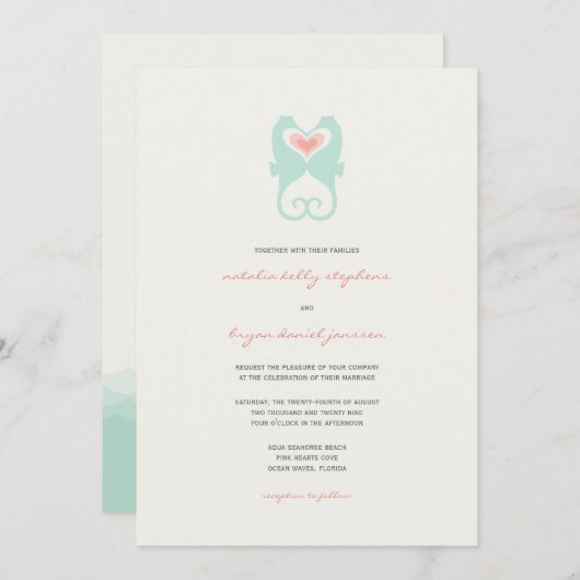 Kissing Seahorses Love Hearts Beach Summer Wedding 招待状 (正面/裏面)