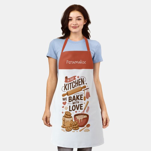 Kitchen Bake With Love Quote Personalized Gift エプロン (着用した状態)