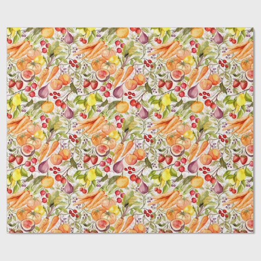 Kitchen Garden Harvest Watercolor Fruit & Veggie ラッピングペーパー (フラット)