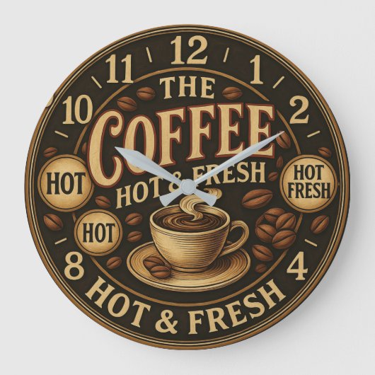 Kitchen Hot and fresh coffee cup bean ラージ壁時計 (正面)