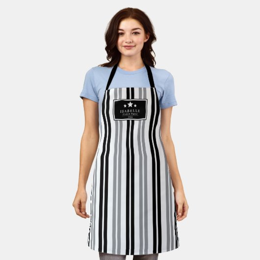Kitchen Master Stars black and grey stripes Apron エプロン (着用した状態)