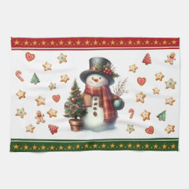 Kitchen Towel Snowman and Christmas Cookies Red キッチンタオル