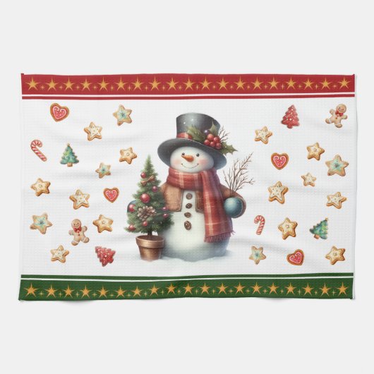 Kitchen Towel Snowman and Christmas Cookies Red キッチンタオル (横)