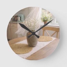 Kitchen Wall Clock Neutral Farmhouse Baby's Breath ラウンド壁時計