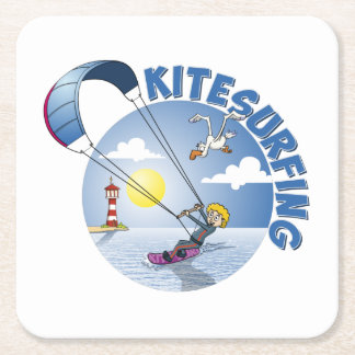 Kite surfing blue illustration. スクエアペーパーコースター
