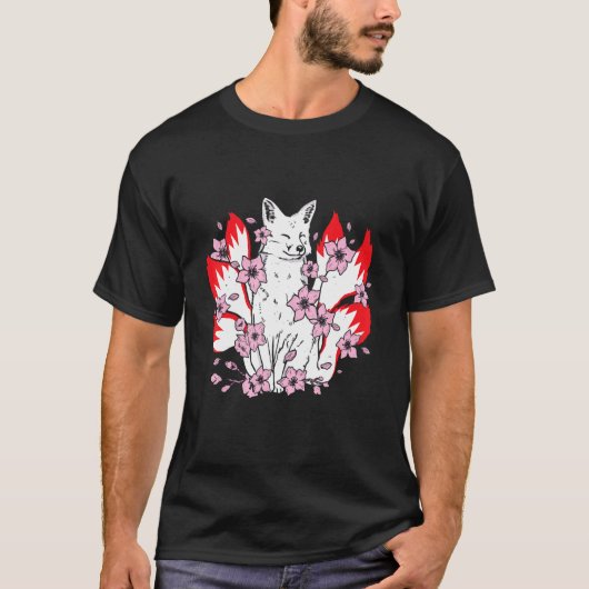 Kitsune fox with japanese kitsune and cherry bloss tシャツ (正面)