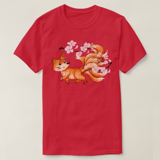 Kitsune Yokai Fox Fantasy Japanese Folklore Cherry Tシャツ (デザイン正面)