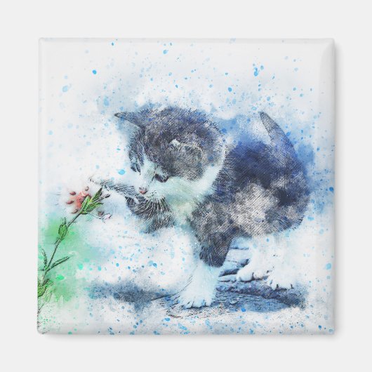Kitten'遊's with Flower |抽象芸術 |水彩 マグネット (正面)