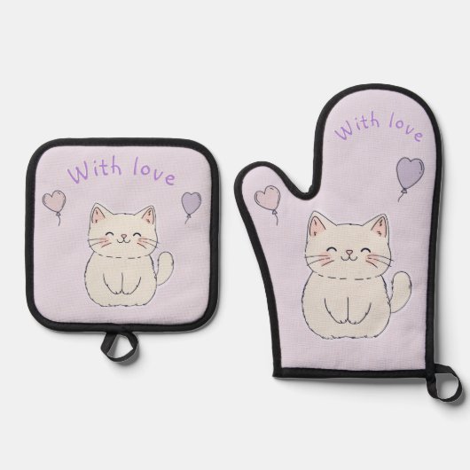  Kitten and hearts, personalized 鍋つかみ&鍋敷きセット (正面)