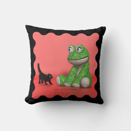 Kitten and plush-frog throw pillow クッション (正面)