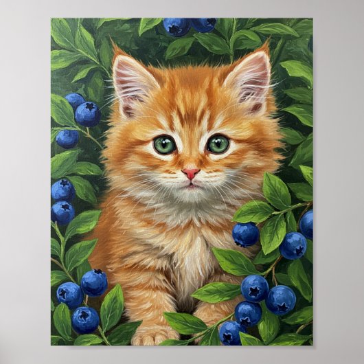 Kitten & Blueberries | Oil Painting Art ポスター (正面)