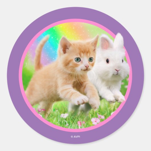Kitten & Bunny with Rainbow ラウンドシール (正面)