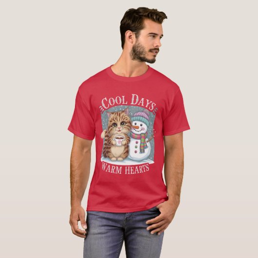 Kitten Cat and Snowman Friends Share Coffee Winter Tシャツ (正面フル)