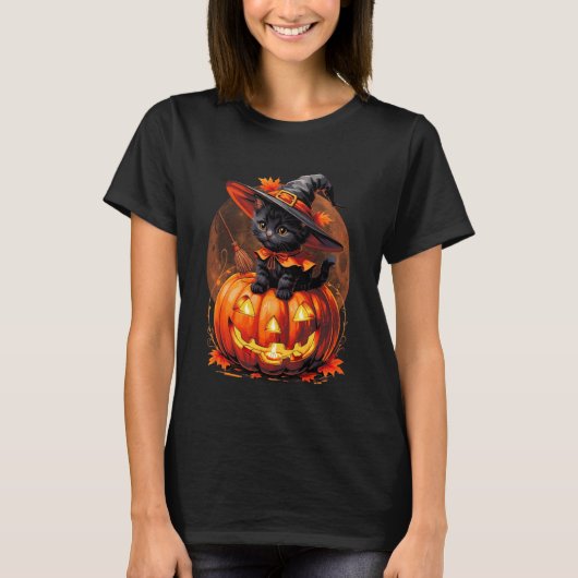 Kitten Cat Halloween Witch Costume Jack O Lantern  Tシャツ (正面)