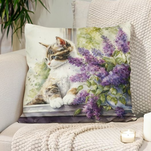 Kitten Cat Lavender Flowers窓陽光 クッション