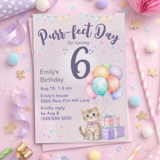 Kitten Cat Pastel Little Girl's 6th Birthday 招待状