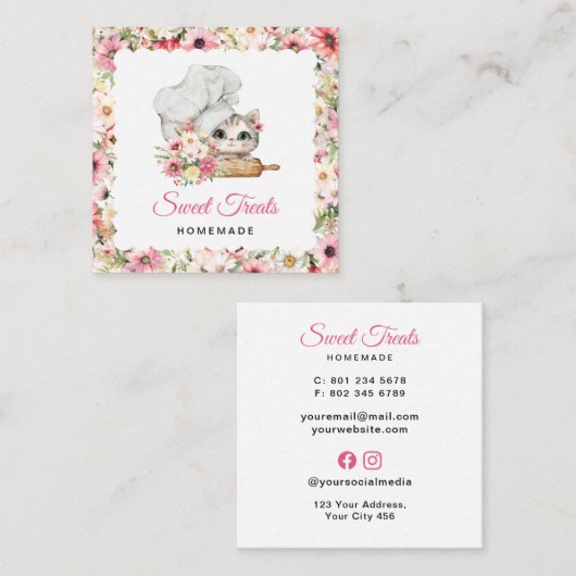 Kitten Chef Bakery Pink スクエア名刺 (正面/裏面)
