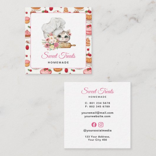 Kitten Chef Bakery Pink スクエア名刺 (正面/裏面)