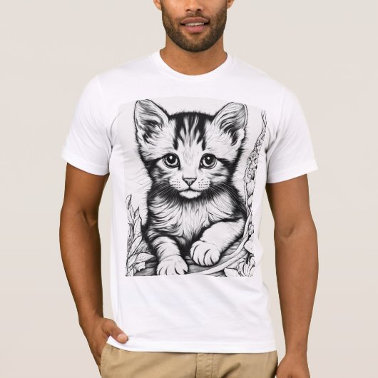 Kitten ColoringページTシャツ – 白黒ライン Tシャツ (正面)