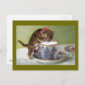 Kitten Drink from Teacup ビクトリアン ポストカード (正面/裏面)